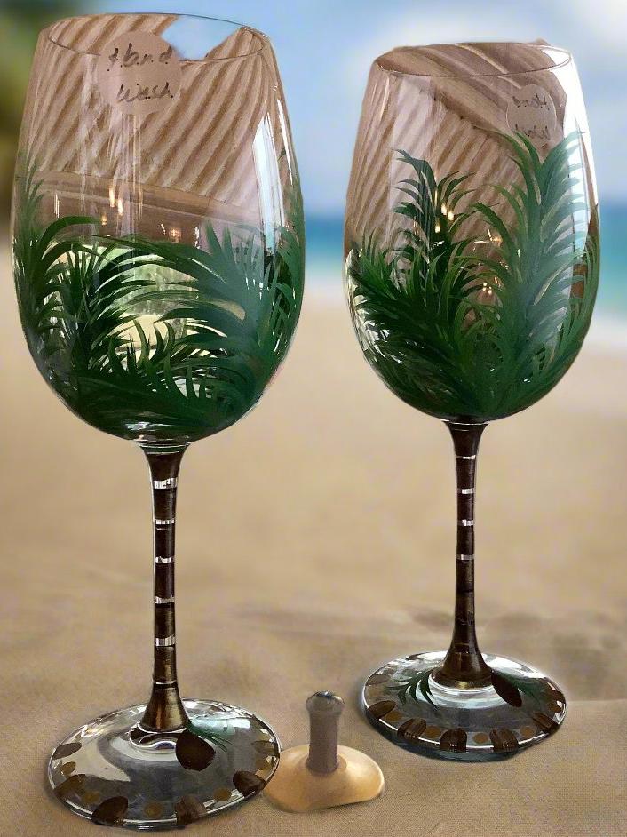 2 painted palm wine glasses