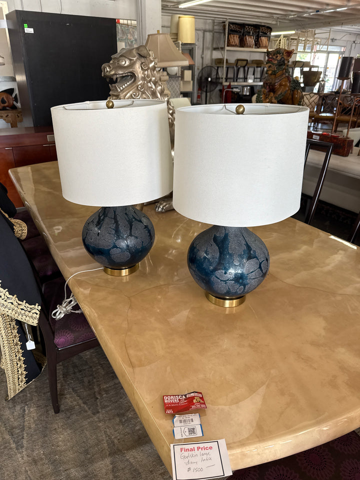 Pr Blue/purple glass swirl lamps