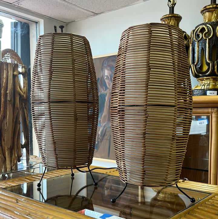 Pair of rattan cylinder lamps