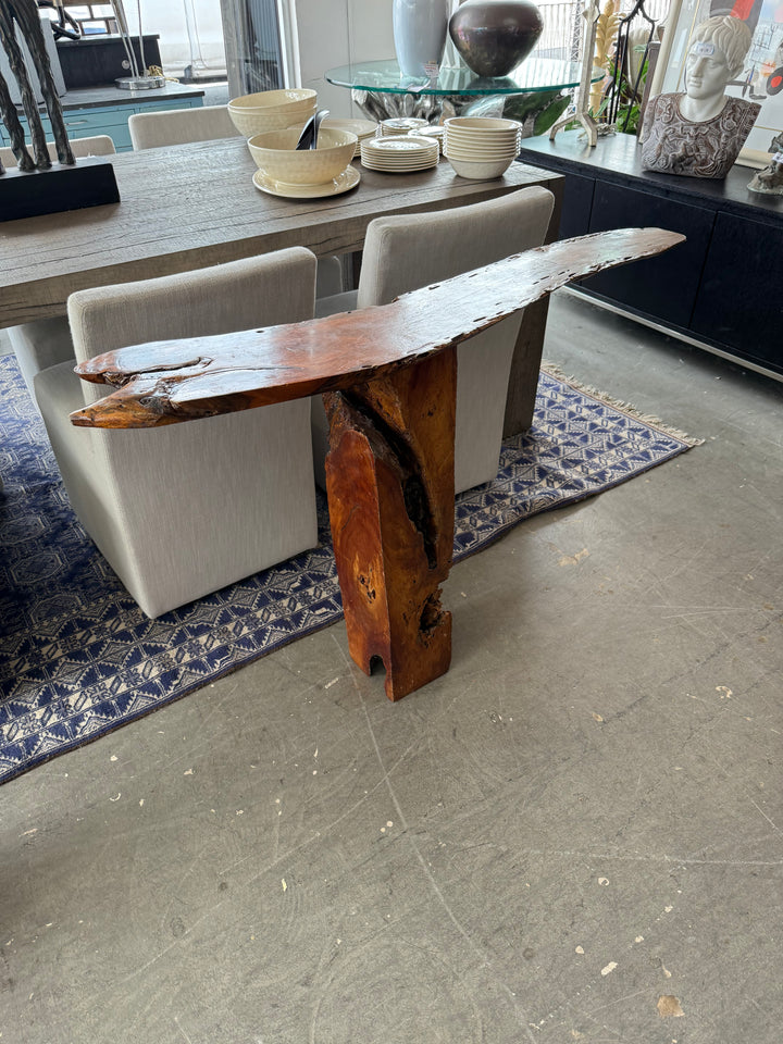 Custom made skinny live edge wood foyer console