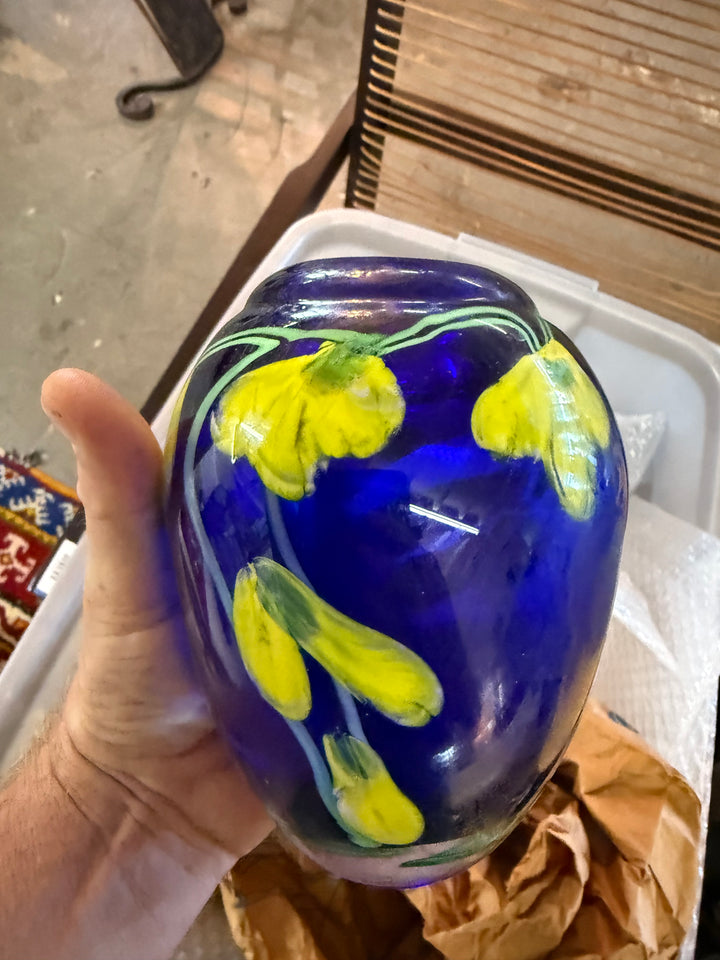 Laburnum Murano Cobalt flower paperweight vase