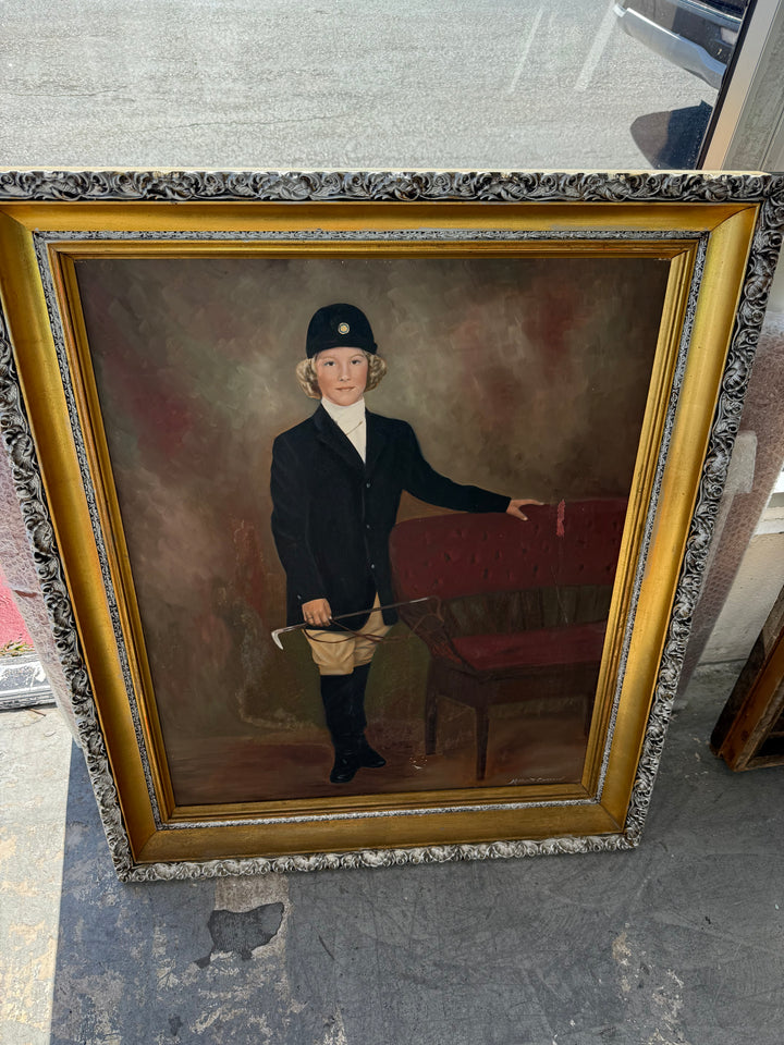 Equestrian lady painted on board. Shows some paint loss