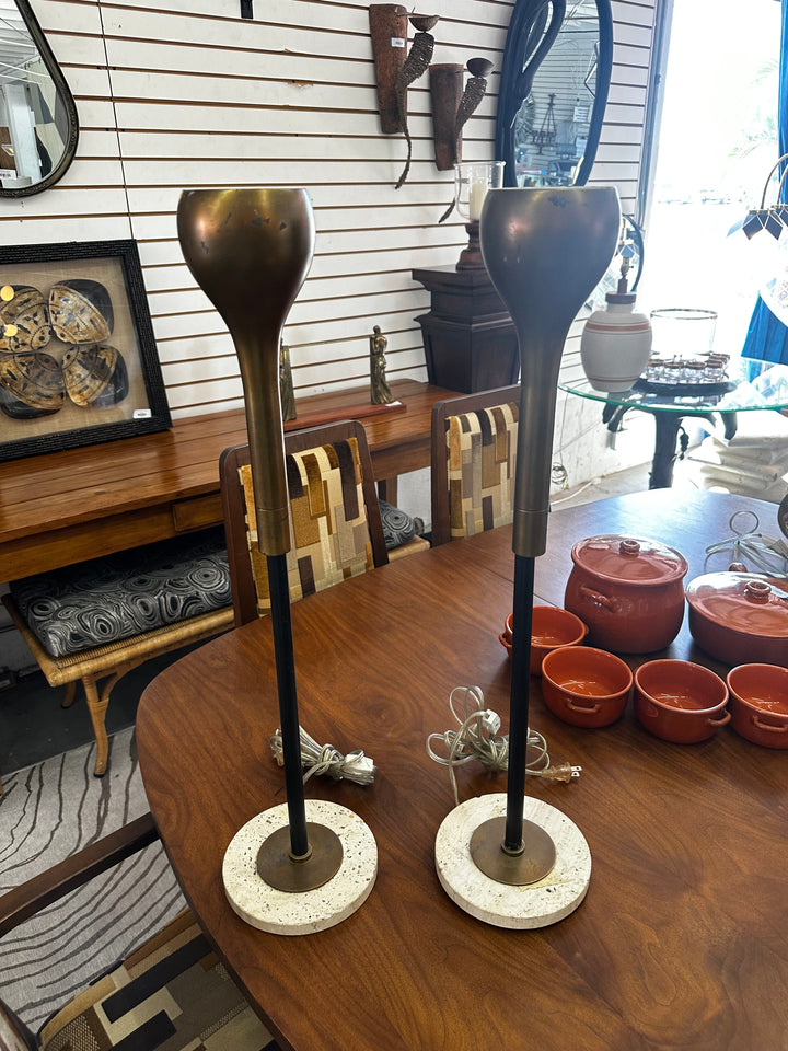 MCM pair of stone and brass lamps