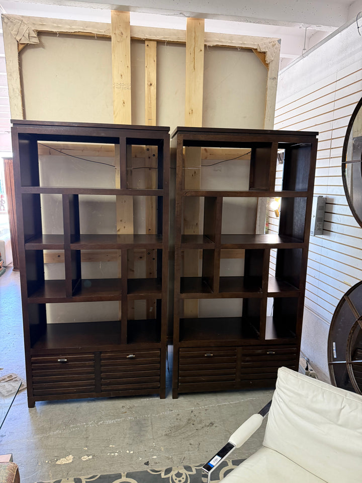 Pr Tall display cabinets with drawer at bottom as is