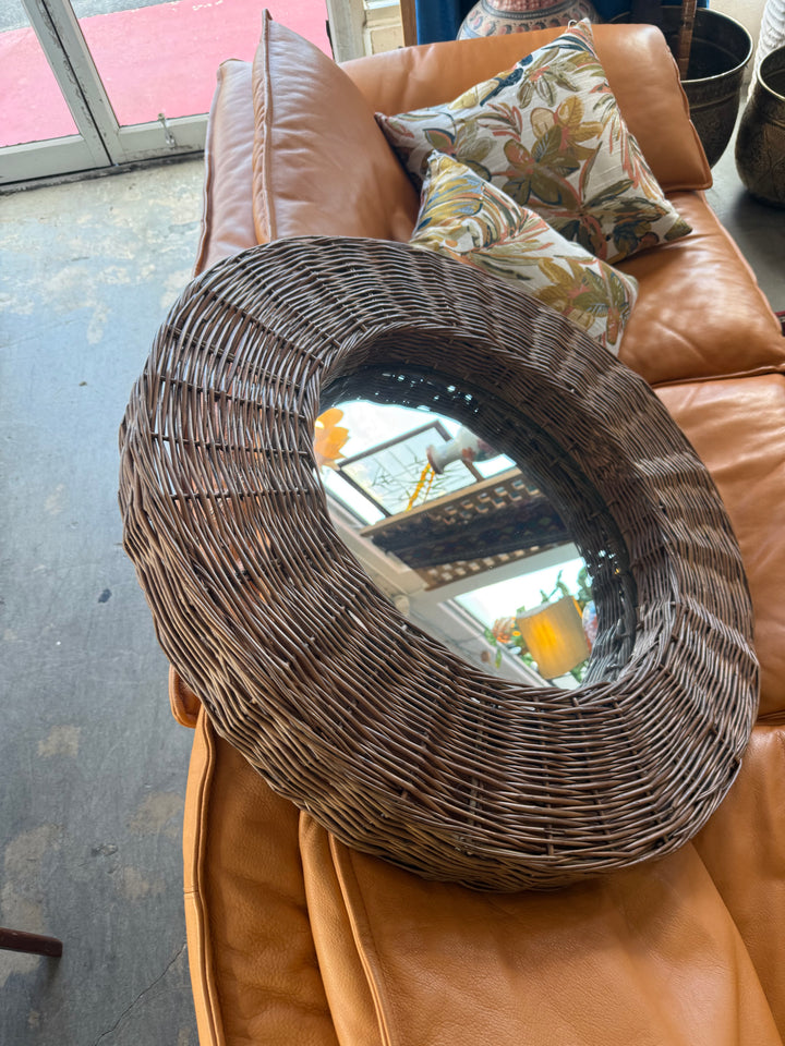 Round woven wicker mirror