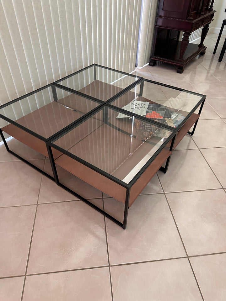 Set/4 cube leather and glass tables