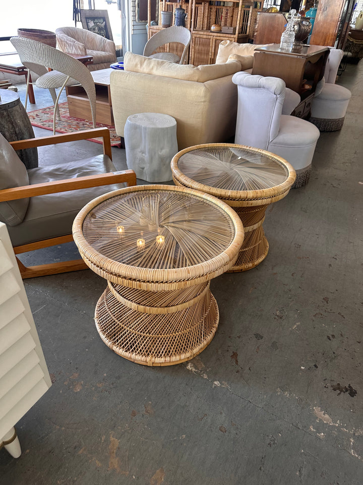 Pr Wicker wrapped side tables