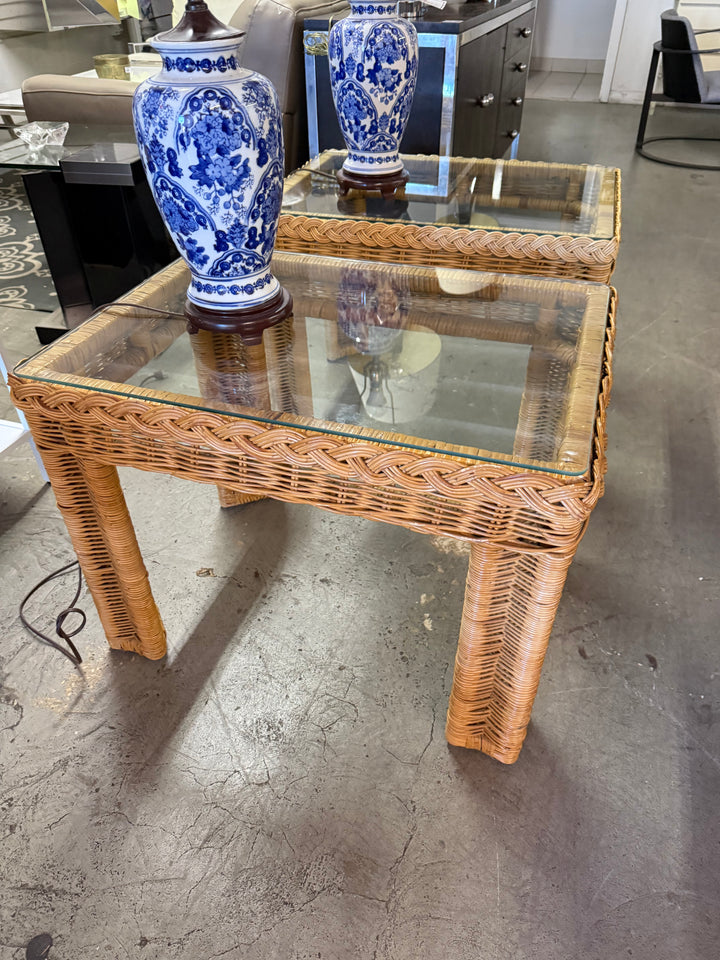 Pr Braided wicker side tables