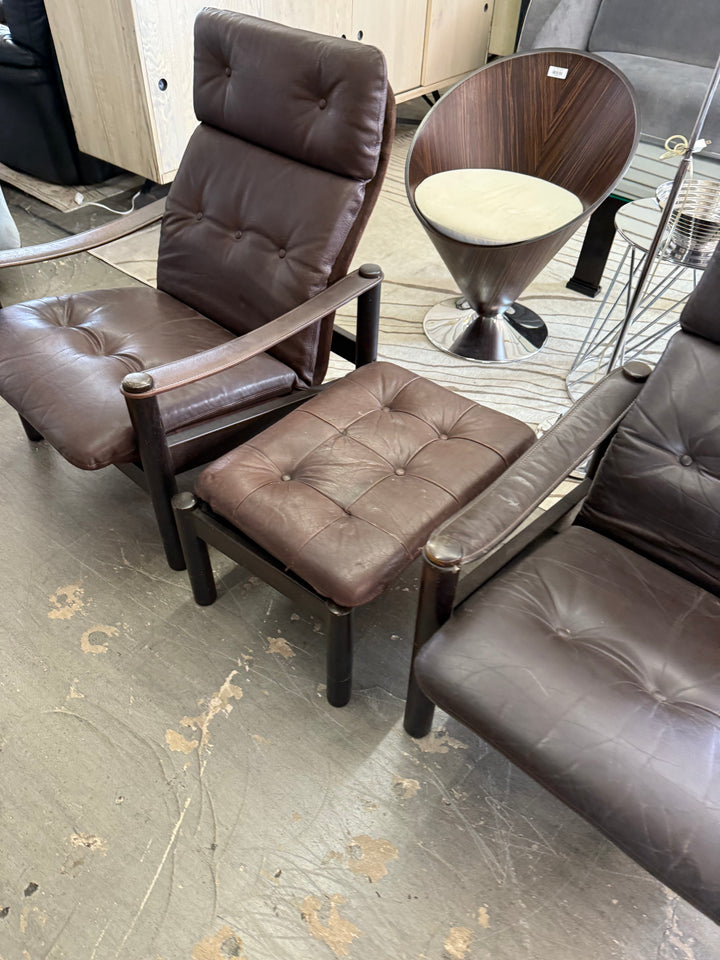 3pc Vintage Danish leather chairs with ottoman