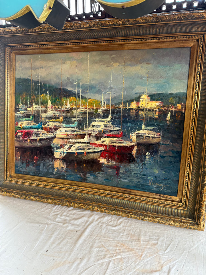 Boat harbor painting