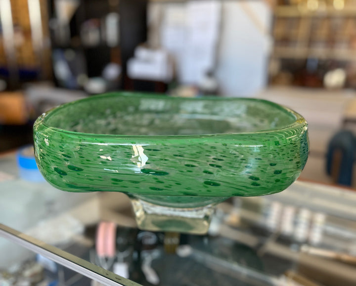 Lg Green Art Glass Square Bowl signed