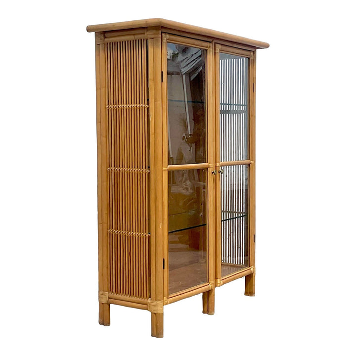 Late 20th Century Vintage Coastal Rattan Glass Cabinet