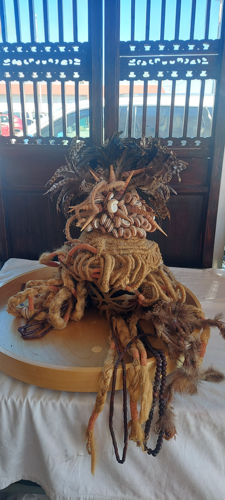 Unique Headress with shells and yarn and feathers