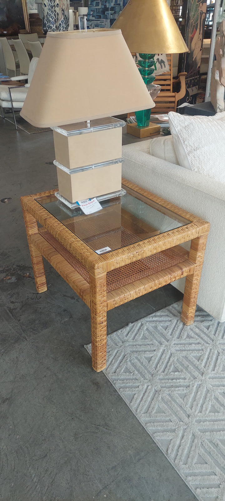 Pr Two tier wrapped rattan side tables