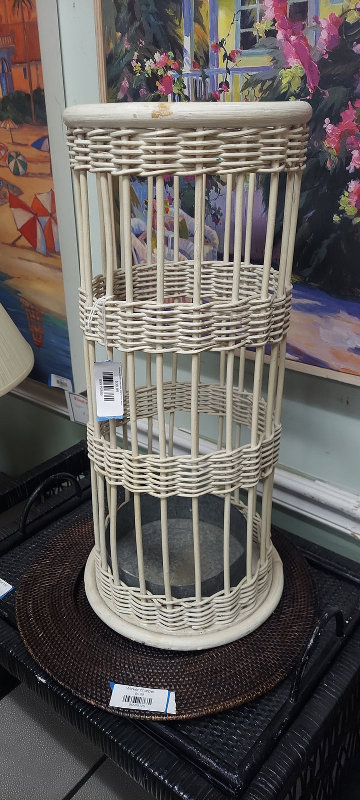 Vintage wicker umbrella stand with water catchment